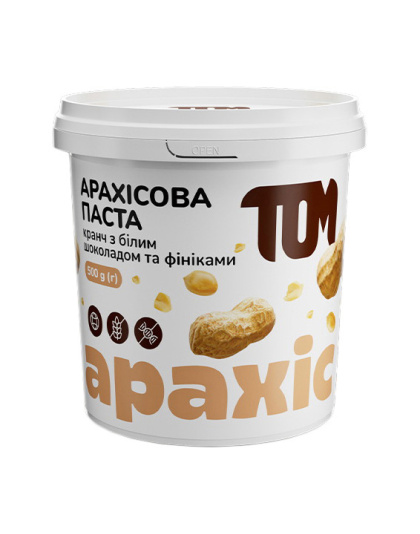 TOM peanut butter Арахісова Паста (500 g, кранч з фініками та білим шоколадом)